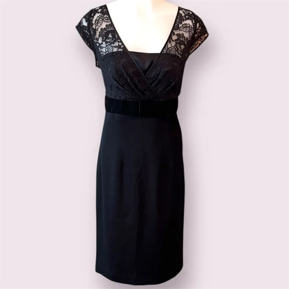 BANANA REPUBLIC Black Lace Cap Sleeve Velvet Bow Midi Cocktail Dress